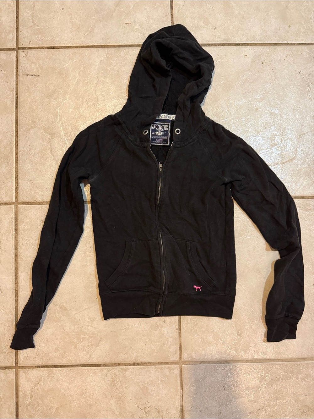 PINK Victoria's Secret Black Zip-Up Hooded Sweatshirt with Pink Logo